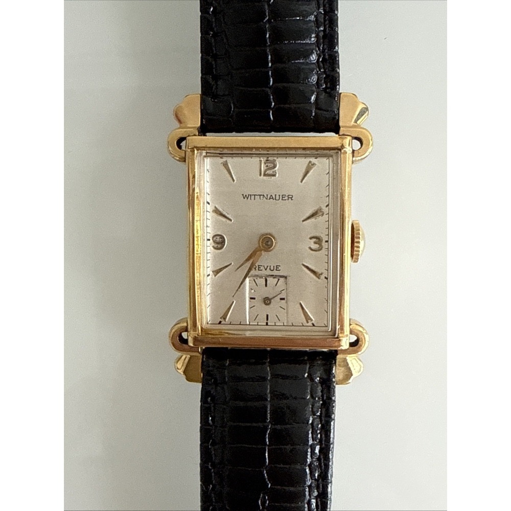 Vintage 1950s Wittnauer Revue Art Deco Tank Watch Fancy Scrolled Lugs - RUNNING